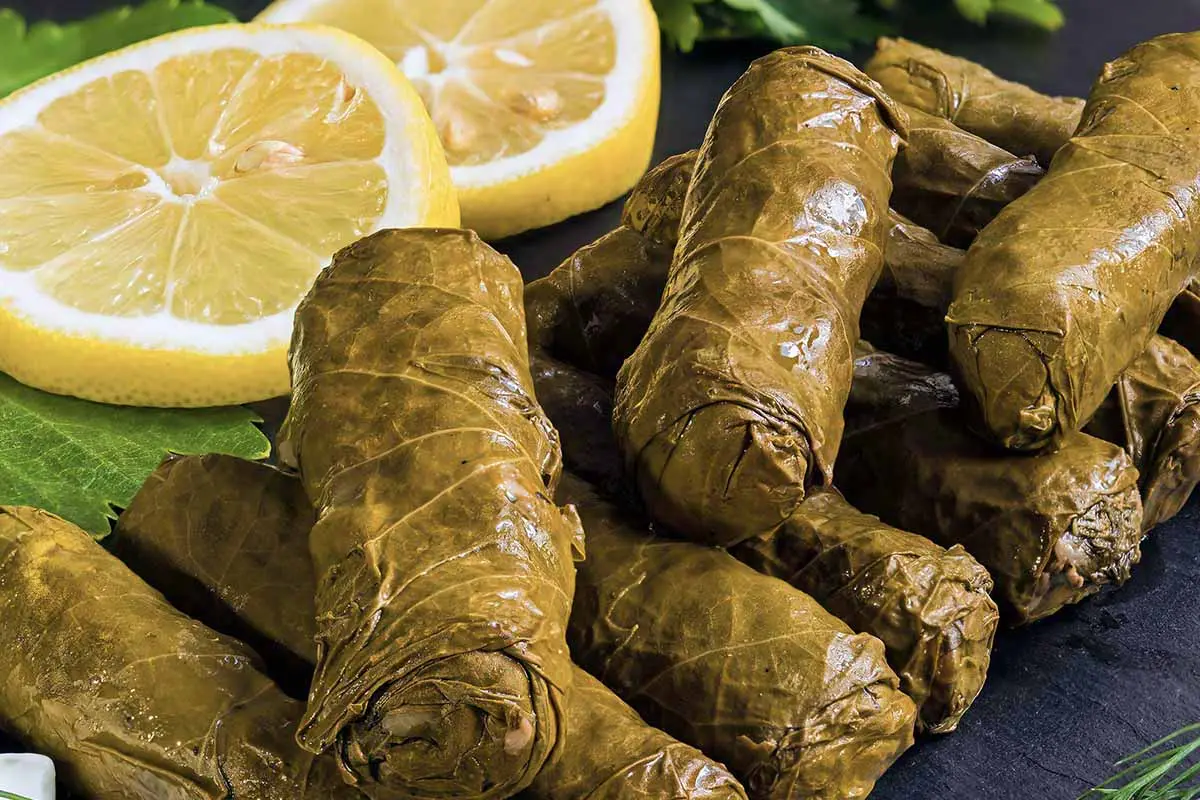 Dolmades liegen neben einer Zitrone  [Foto: AdobeStock_dinosmichail]