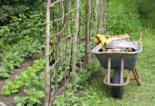 Eine Schubkarre mit einem Sack torffreier Erde im Garten