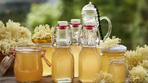 Abgefüllter Holunderblütensirup in verschiedenen Einmachgläsern und Flaschen auf einem Gartentisch an einem sonnigen Tag. Zwischen den Gläsern sind weisse Holunderblüten zu sehen. [Foto: AdobeStock_Madeleine Steinbach]
