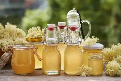 Abgefüllter Holunderblütensirup in verschiedenen Einmachgläsern und Flaschen auf einem Gartentisch an einem sonnigen Tag. Zwischen den Gläsern sind weisse Holunderblüten zu sehen. [Foto: AdobeStock_Madeleine Steinbach]