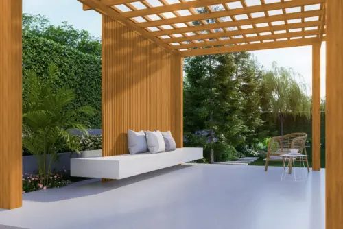 Moderner Sitzplatz im Garten unter einer mit heller Holzschutz-Lasur 2in1 gestrichenen Pergola