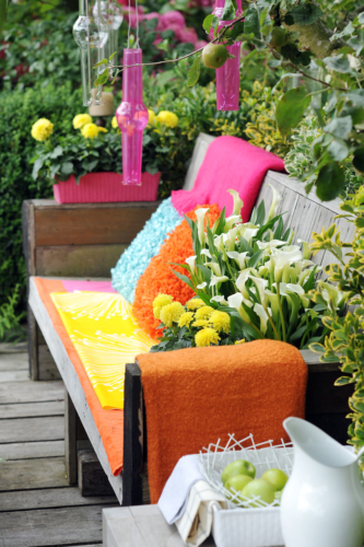Dahlien in Gefäßen auf einer Terrasse