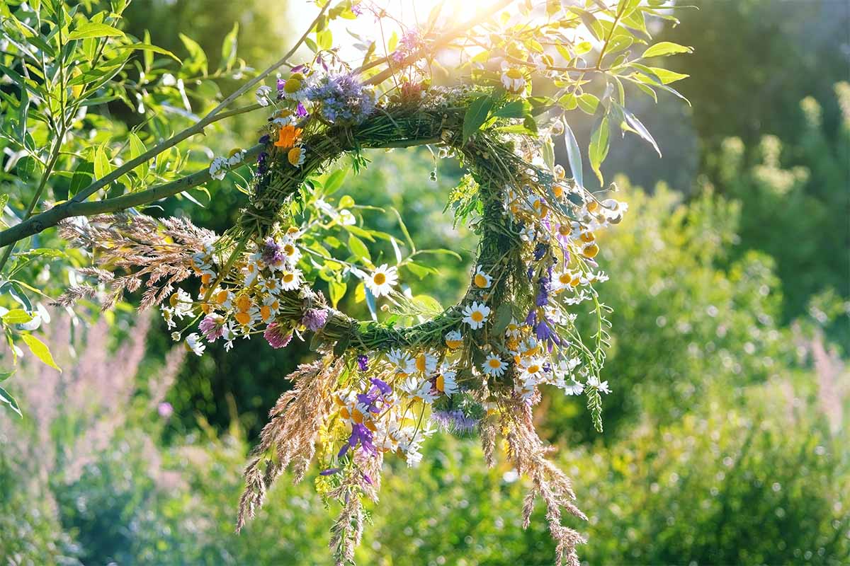 Blumenkranz hängt bei Gartenparty an einem Strauch [Foto: AdobeStock_Ju_see]