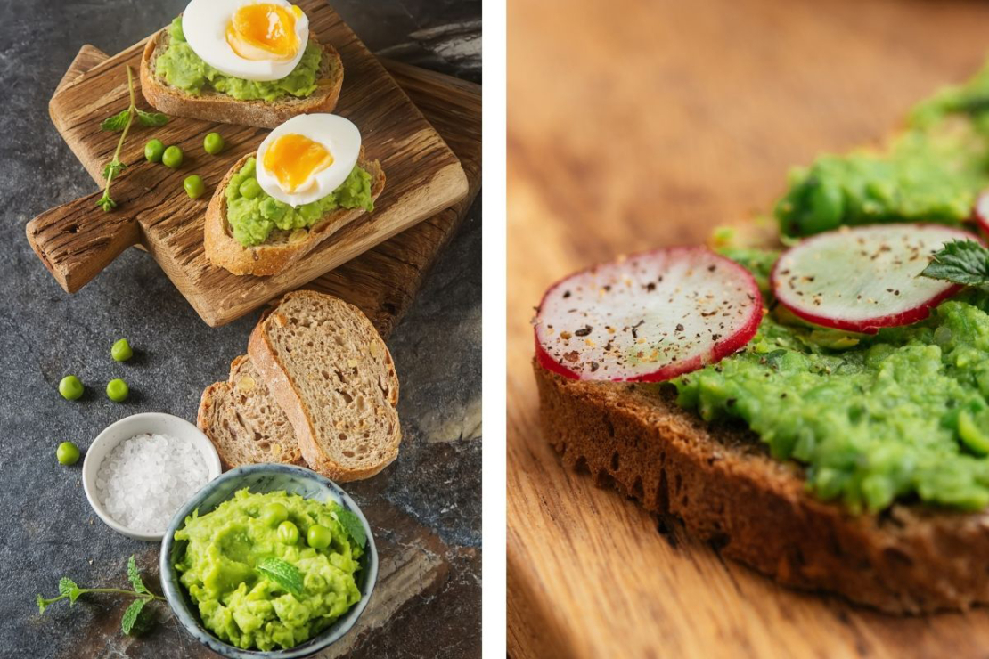 Erbsenaufstrich auf Baguette mit gekochtem Ei und Brot mit Erbsenaufstrich und Radieschen Foto: AdobeStock_naltik + AdobeStock_Harald Walker