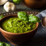 Basilikum-Pesto in einer Holzschale - so können Sie mit Basilikum Pesto selber machen! [Foto: AdobeStock_Brent-Hofacker]