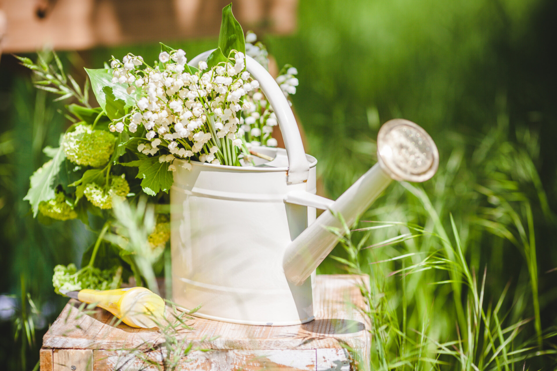 Eine Gießkanne mit blühenden Maiglöckchen steht auf einem Holzhocker auf einer Wiese. Foto: AdobeStock_digifox