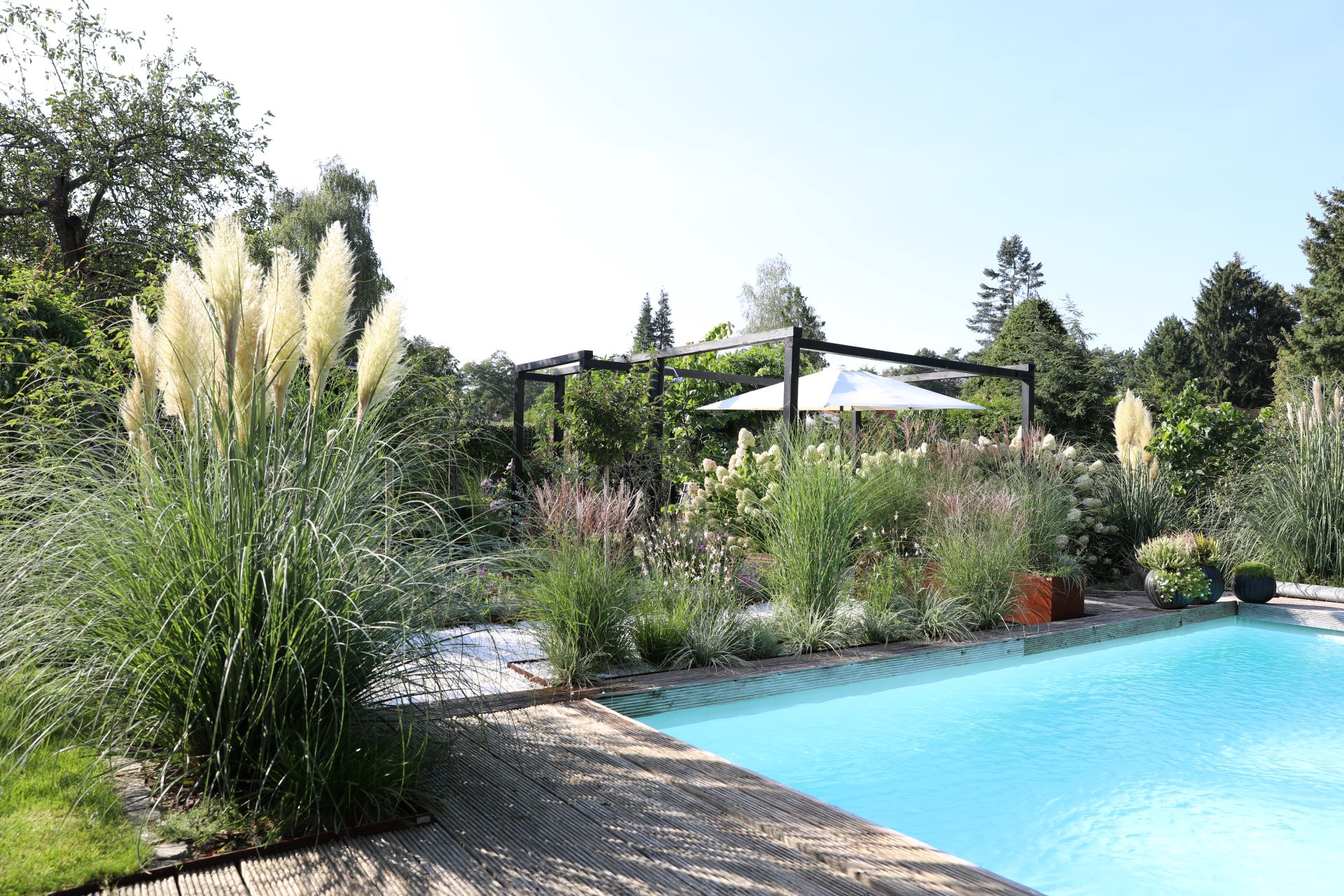 Pool mit sauberem türkisfarbenem Wasser, eingefasst mit hölzernen Terrassendielen, in einem Garten in Brandenburg. Die Sonne scheint. Im Hintergrund Ziergräser und andere Pflanzen, ein weißer Kiesweg sowie ein heller Sonnenschirm.