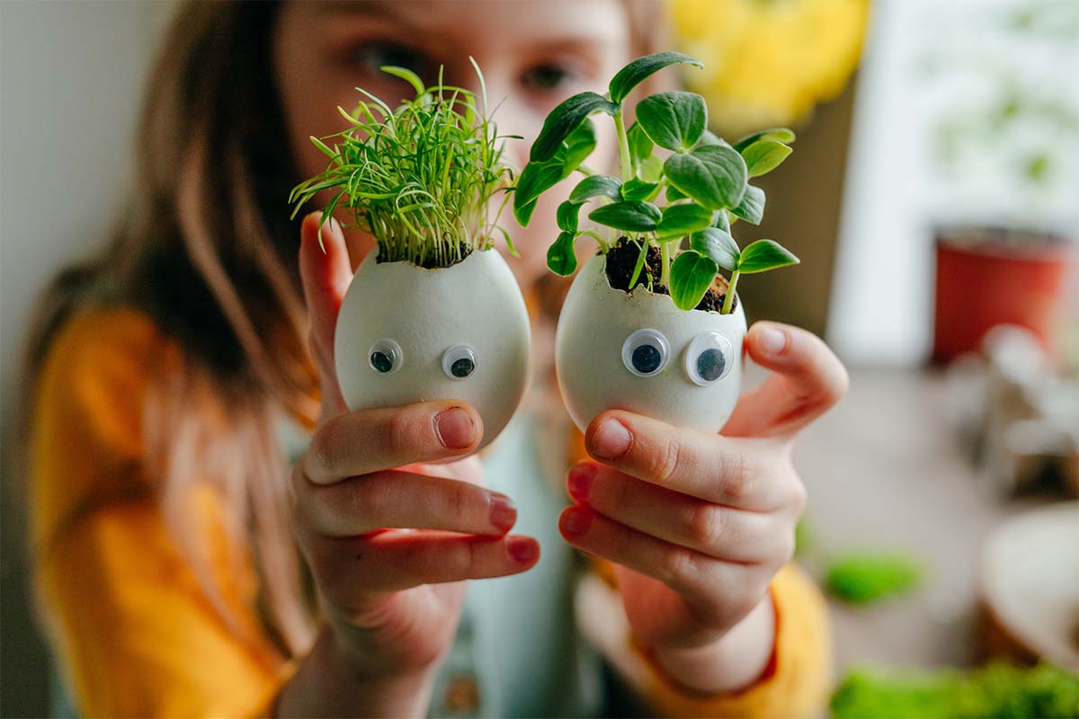 Kinder basteln mit Eierschalen und bepflanzen diese mit Kräutern [Foto: AdobeStock_Lithiumphoto]