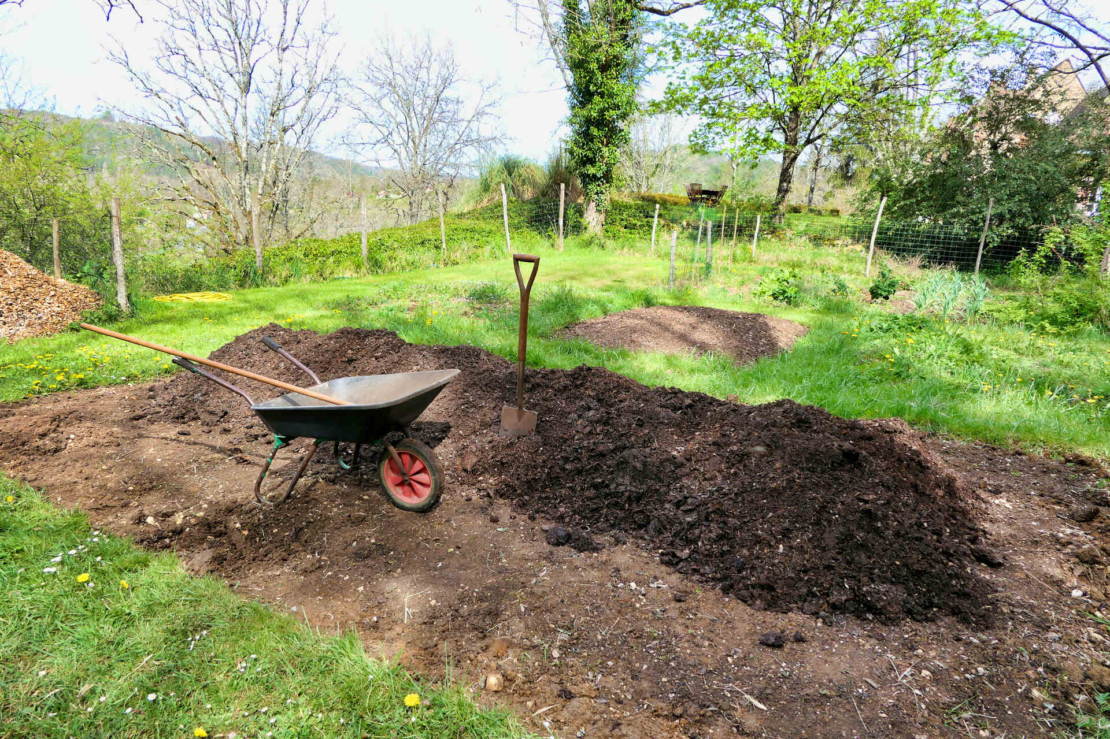 No Dig Gardening – ein Gartenbeet im Sommer, auf dem reifer Kompost verteilt liegt. Foto: AdobeStock_plazaccameraman