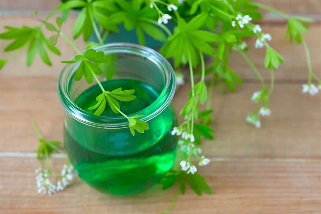 Ein kleines Glas Waldmeistersirup steht auf einem Holztisch neben frisch gepflücktem Waldmeister. An dem Kraut sind weisse Blüten zu sehen. [Foto: AdobeStock_rainbow33]