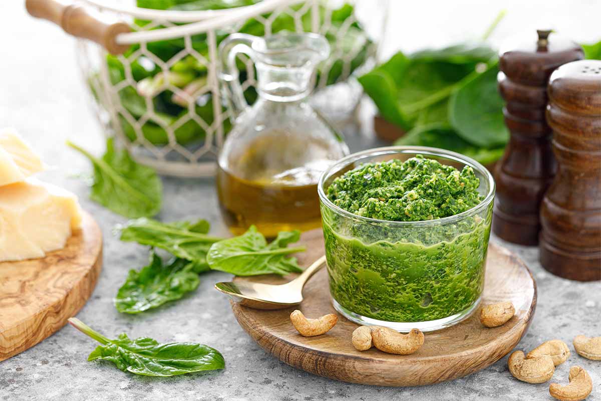 Spinatpesto frisch zubereitet auf dem Tisch [Foto: AdobeStock_Sea Wave]