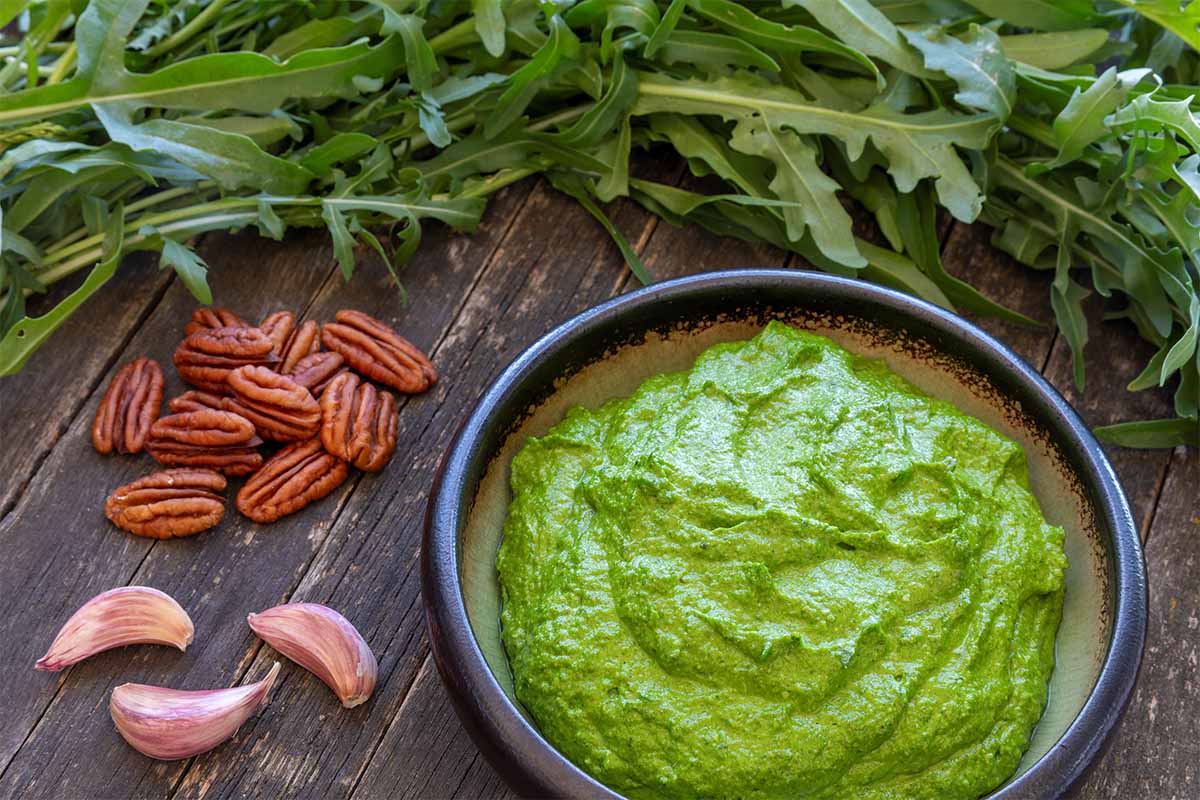 Rucola-Pesto-Grillsoße in einer Steinzeug-Schale auf einem Tisch neben Rucola und Knoblauch [Foto: AdobeStock_Fotema]