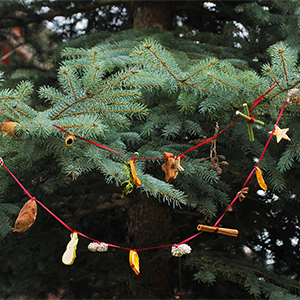 Eine weihnachtliche Dekokette hängt in einem Tannenbaum. Foto: Gartenflora