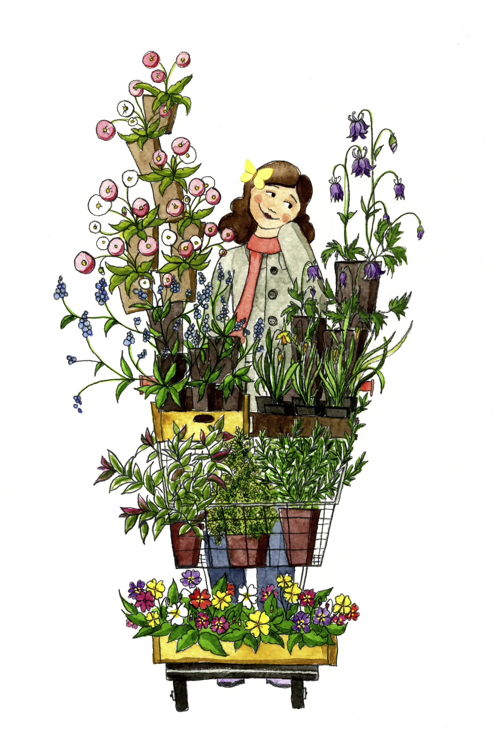 Illustration einer Frau, die einen mit Topfpflanzen beladenen Einkaufswagen schiebt.