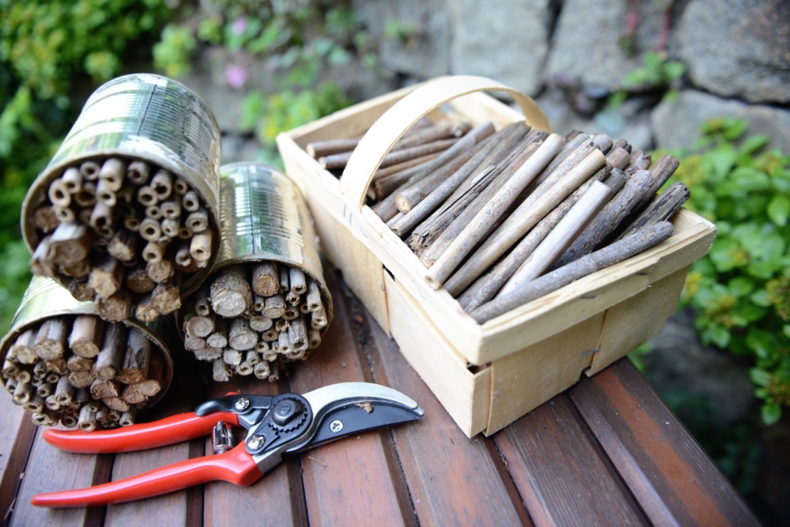 Auf einem Gartentisch steht Material bereit, um ein Insektenhotel selber zu bauen, darunter Blechdosen, Bambusstäbe und eine Gartenschere.