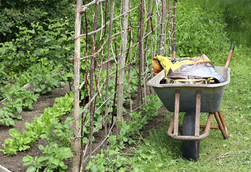 Eine Schubkarre mit einem Sack torffreier Erde im Garten