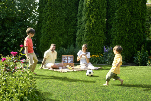 Elternpaar und zwei spielende Kinder auf kurzgemähtem Rasen.