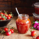 Glas mit Hagebutten-Marmelade neben frischen Hagebutten [Foto: AdobeStock_Melica]