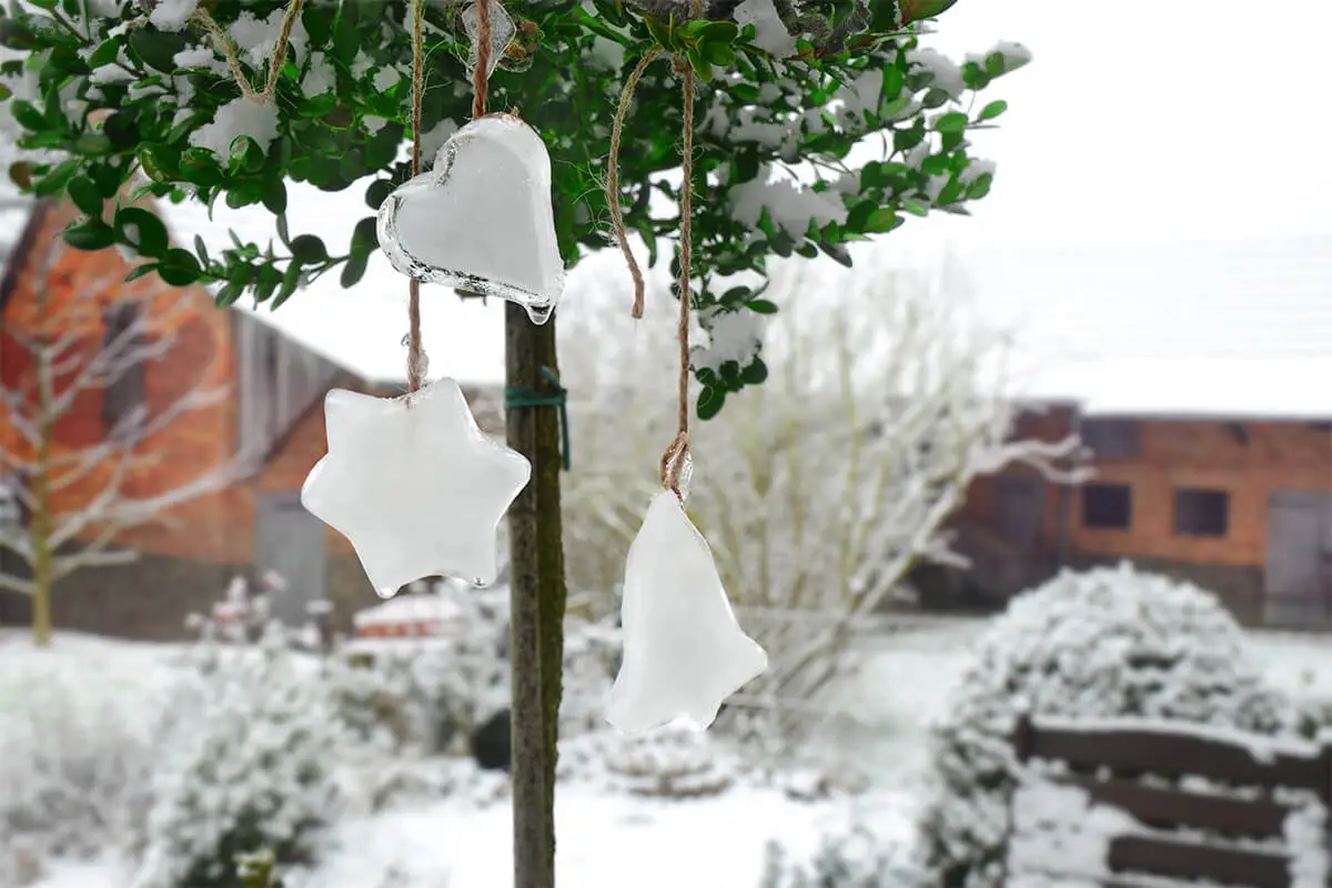 Winterdeko im Garten mit selbstgemachten Eiswürfelfiguren bestehend aus einem Herz, einer Glocke und einem Stern, die von einem Baum hängen [Foto: AdobeStock_Stefan Körber]