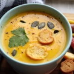 Suesskartoffelsuppe steht auf einem Tisch neben Karotten und Suesskartoffel und wurde in einem tiefen Teller angerichtet und mit Kuerbiskernen bestreut. [Foto: AdobeStock_Adrian]