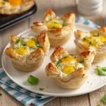 Oster-Muffins aus Blaetterteig mit Ei und Kaese gefuellt. Sie stehen auf einem Tisch auf einem weissen Teller, der auf einem blau-weiss karierten Tuch steht. [Foto: AdobeStock_anna_shepulova]