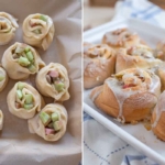 Zweigeteiltes Bild mit ungebackenen Hefeschnecken auf der linken Seite und gebackenen rechts. Waehrend man bei den ungebackenen Exemplaren sehr gut die Rhabarberfuellung sehen kann, erscheinen die gebackenen Hefeschnecken mit ihrer hellen Zuckerglasur umso appetitlicher. [Foto: AdobeStock_A_Lein]